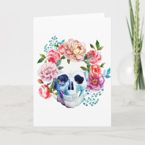 Artistic watercolor skull and flowers card