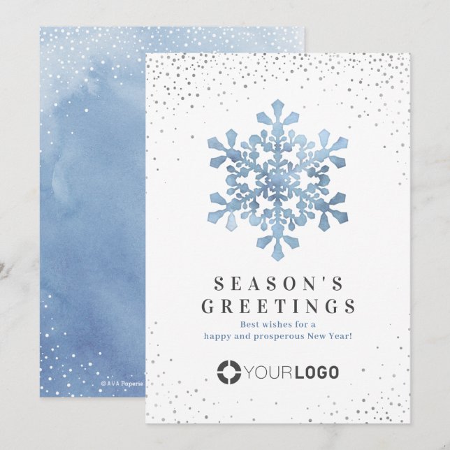 Artistic Watercolor Snowflake Blue Christmas cards (Front/Back)