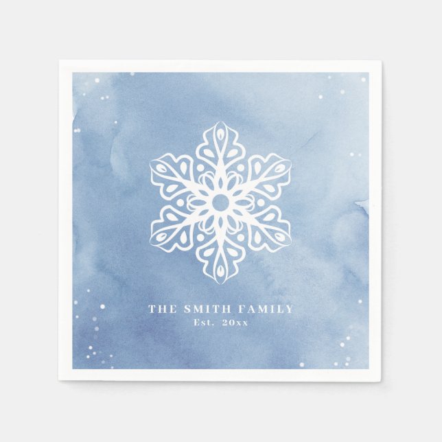 Artistic Watercolor Snowflake Blue Christmas Napkins (Front)