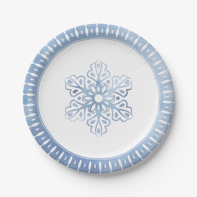 Artistic Watercolor Snowflake Blue Christmas Paper Plates (Front)