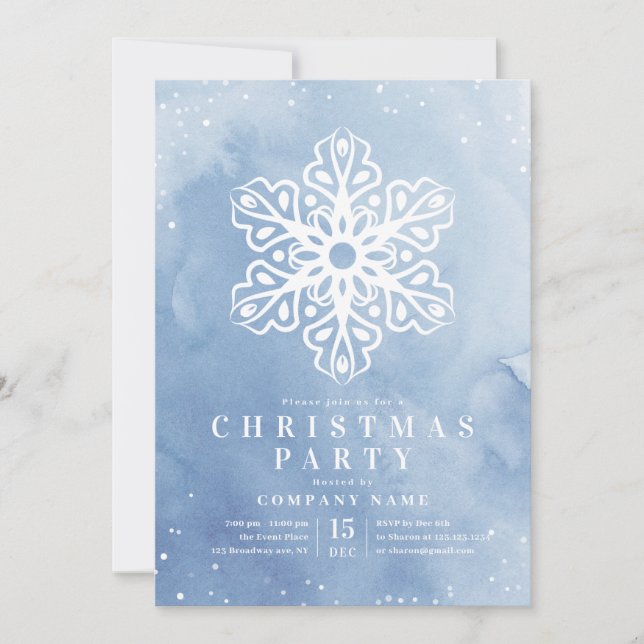 Artistic Watercolor Snowflake Blue Christmas Party Invitation (Front)