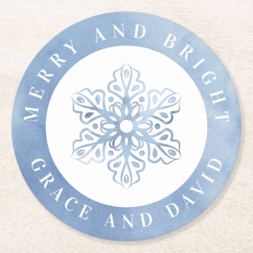 Artistic Watercolor Snowflake blue Christmas Round Paper Coaster