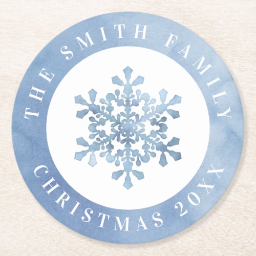 Artistic Watercolor Snowflake Blue Christmas Round Paper Coaster