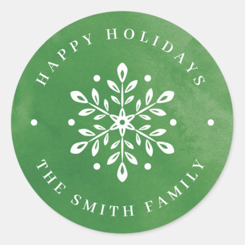 Artistic Watercolor Snowflake green Christmas Classic Round Sticker