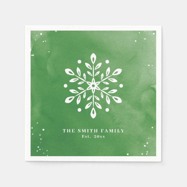 Artistic Watercolor Snowflake Green Christmas Napkins (Front)