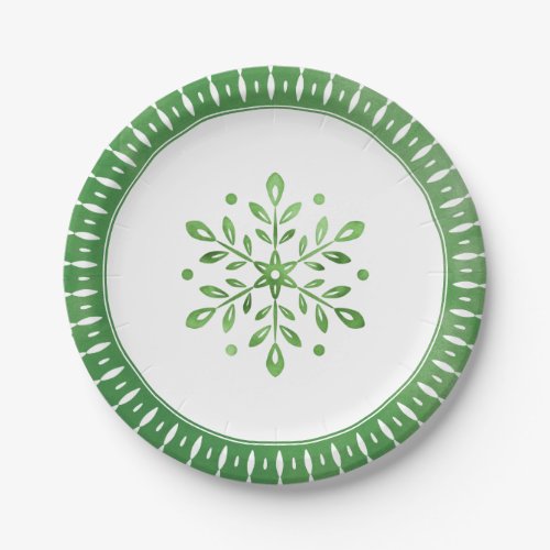 Artistic Watercolor Snowflake Green Christmas Paper Plates