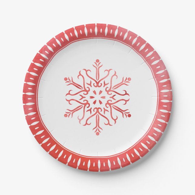 Artistic Watercolor Snowflake Red Christmas Paper Plates (Front)