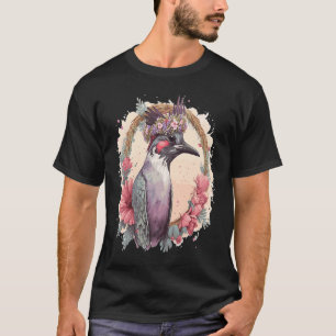 Artistic Watercolor Woodpecker Bird Flower Crown P T-Shirt