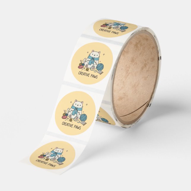 Artistic White Cat Knitting Art Supply Stationery Classic Round Sticker (Roll)