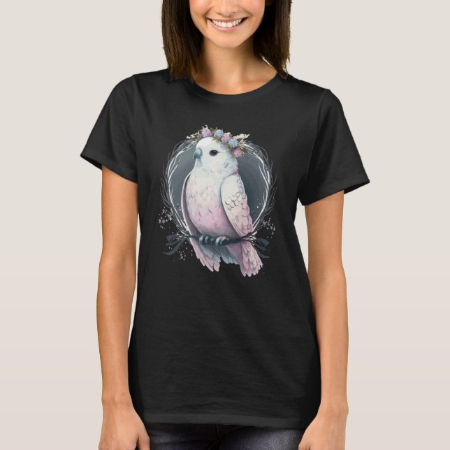 Artistic White Parakeet Budgie Bird Flower Crown P T-Shirt (Front)