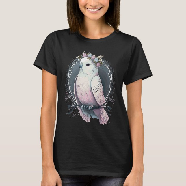 Artistic White Parakeet Budgie Bird Flower Crown P T-Shirt (Front)