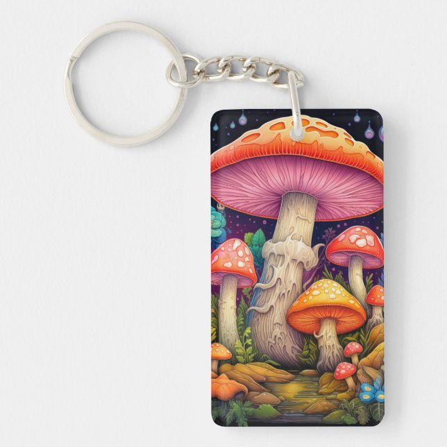 Artistic Wild Mushroom Forest Illustration Keychain (Front)