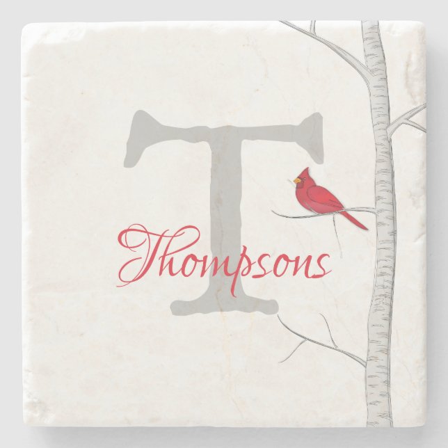 Artistic Winter Red Cardinal Vintage Holiday Stone Coaster (Front)