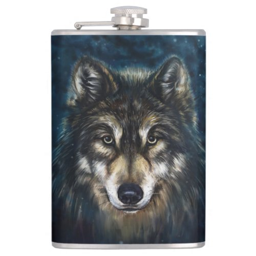 Artistic Wolf Face 8 oz Vinyl Wrapped Flask