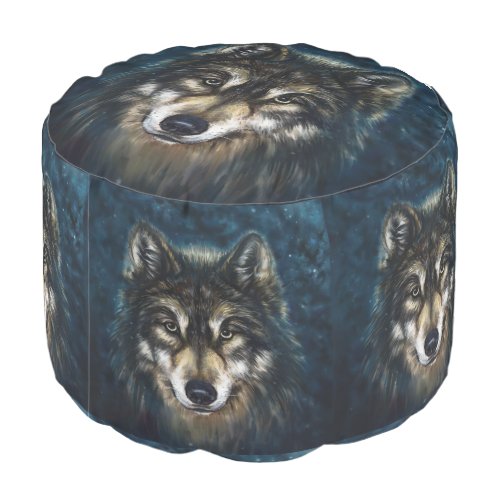 Artistic Wolf Face Round Pouf