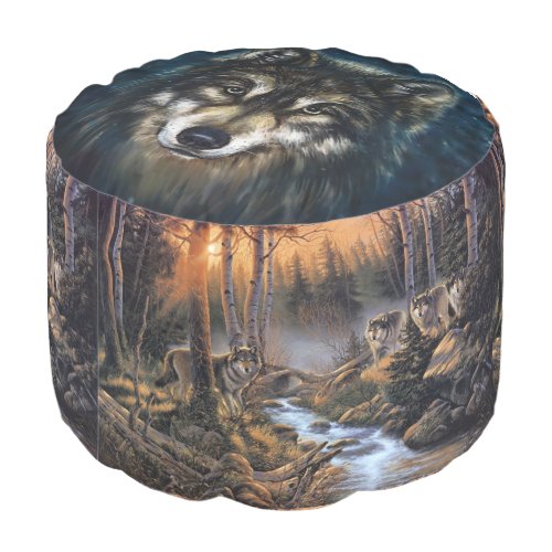 Artistic Wolves Round Pouf