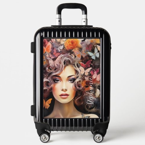 Artistic Woman With Butterflies In Her Hair Custom Luggage