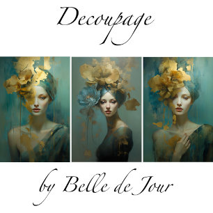Artistic women's portraits, gold accents, flowers wrapping paper sheets