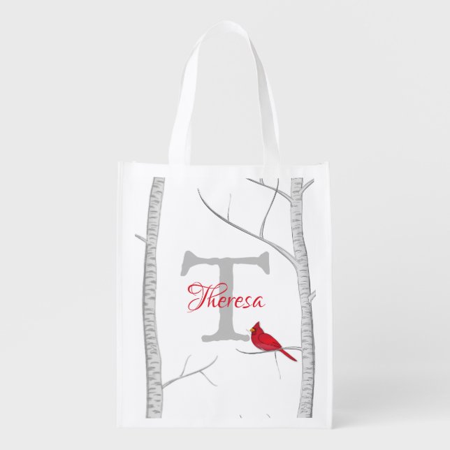 Artistic Woodland Bird Trendy Tree Monogram Grocery Bag (Front)