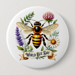 Artistic World Bee Day Illustration with Honeybee  Button