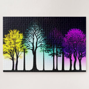 Artistic Yellow and Purple Forest Silhouette Trees Jigsaw Puzzle