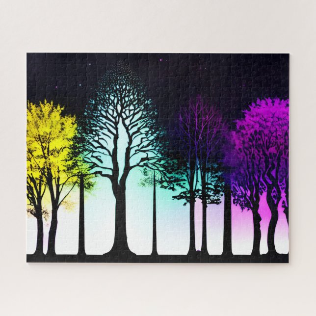 Artistic Yellow Aqua Purple Forest Silhouette Art Jigsaw Puzzle (Horizontal)