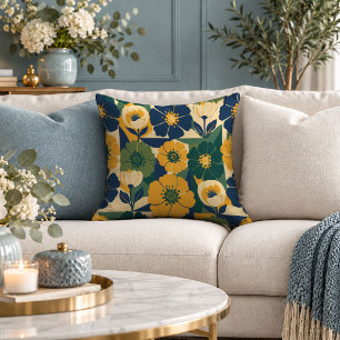 Artistic Yellow Blue Abstract Floral Throw Pillow