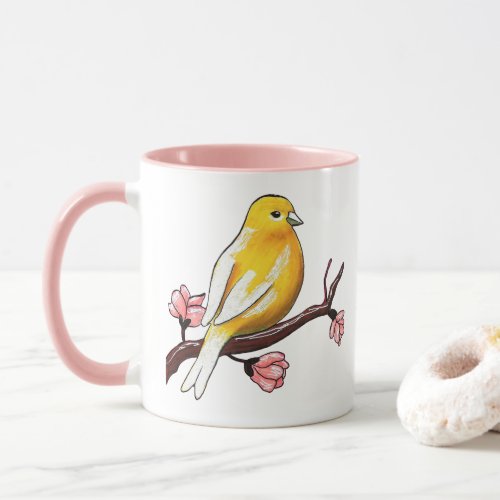 Artistic Yellow Canary Bird with Pink Flowers Mug