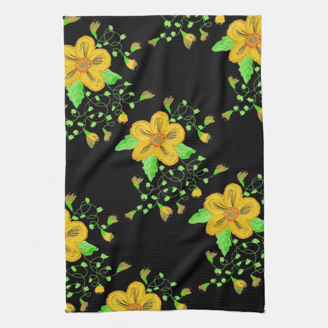 Artistic Yellow Floral With Black Kitchen Towel (Vertical)