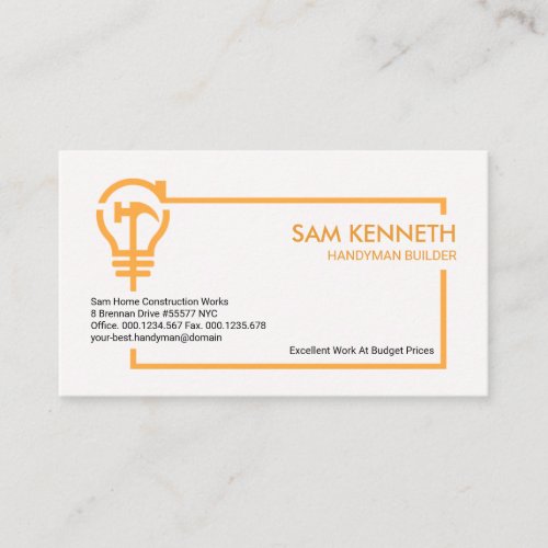 Artistic Yellow Light Bulb Frame Handyman Builder Business Card