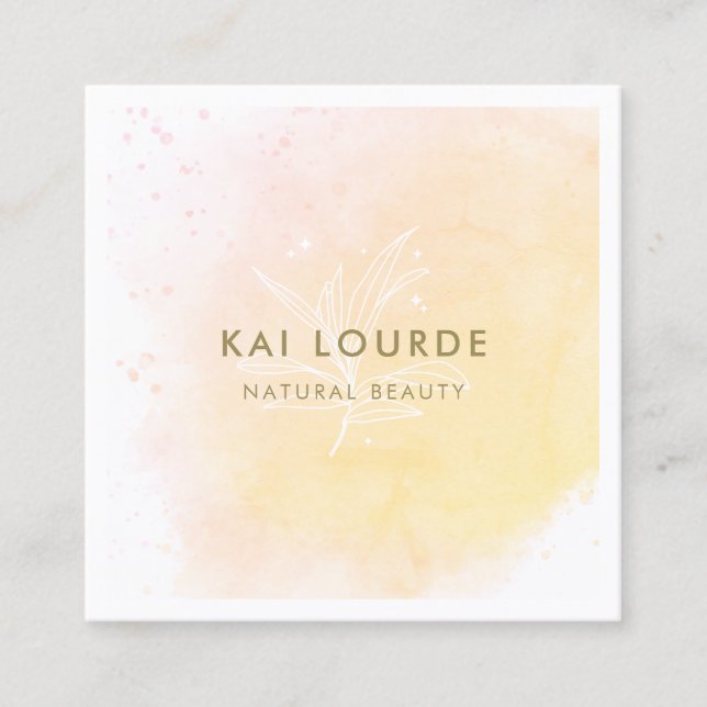 Artistic Yellow Watercolor Plants Leaves  Square Business Card (Front)