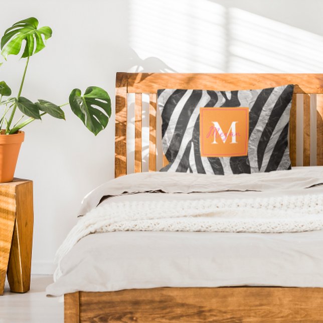 Artistic Zebra Stripes Orange & Hot Pink Monogram Accent Pillow (Creator Uploaded)