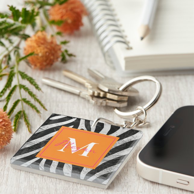 Artistic Zebra Stripes Orange & Hot Pink Monogram Keychain (Front Right)