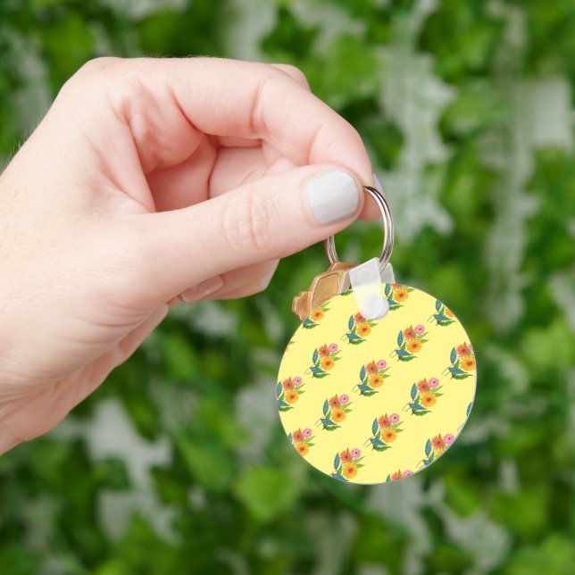 Artistic Zinnia Wildflower Flower Keychain (Hand)