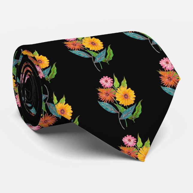 Artistic Zinnia Wildflower Flower Neck Tie (Rolled)