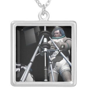 Artist's concept of future space exploration silver plated necklace