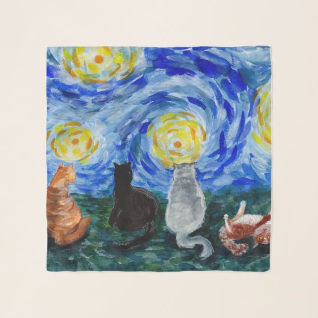 Artist's Mews Purry Night, Cats on Blue and Yellow Scarf (Front)