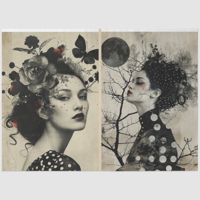 Artists Mixed Media Black Cream Large Faces 2 Tissue Paper (Front)