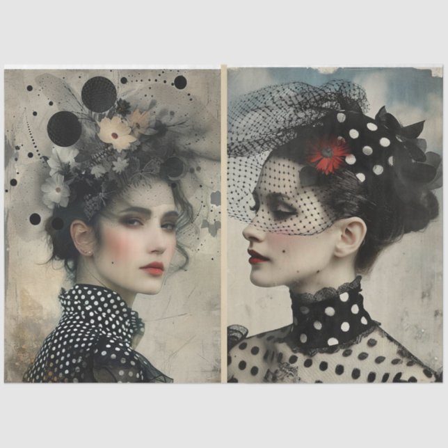 Artists Mixed Media Black White Ivory Large Faces  Tissue Paper (Front)