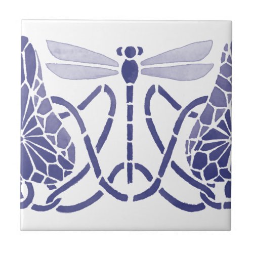 Arts And Crafts Blue  White Dragonflies Frieze Ceramic Tile