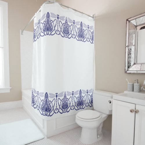 Arts And Crafts Blue  White Dragonflies Frieze Shower Curtain