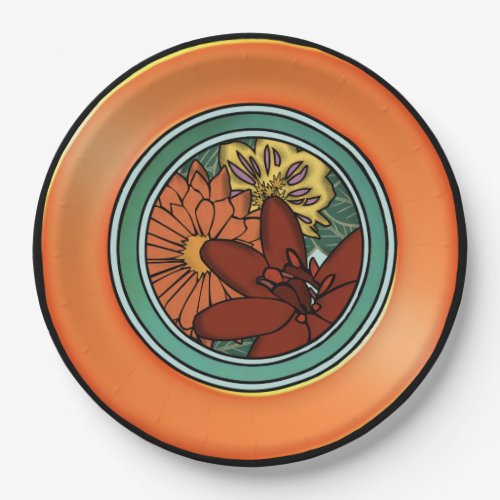 Arts and Crafts Floral Plate in Orange and Green