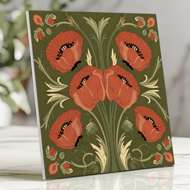 Arts and Crafts Poppy Floral on Olive Green Ceramic Tile (Creator Uploaded)