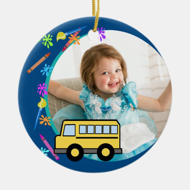 Arts and Crafts School Bus Blue Ceramic Ornament (Front)