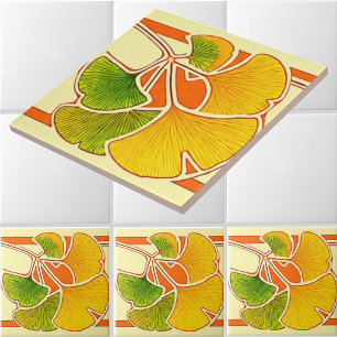 Arts And Crafts Style Ginkgo Biloba Leaves Border Ceramic Tile