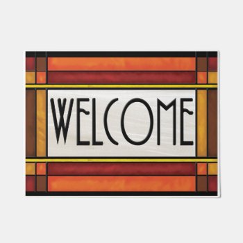 Arts And Crafts Style Welcome Mat Brown Red Doormat by FionaStokesGilbert at Zazzle