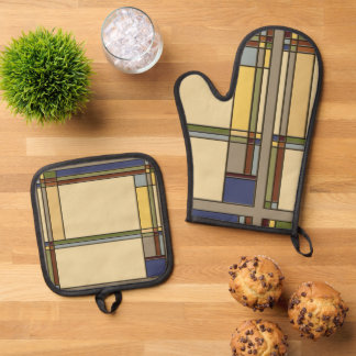 Arts & Crafts Bungalow Design in Fall Colors Oven Mitt & Pot Holder Set