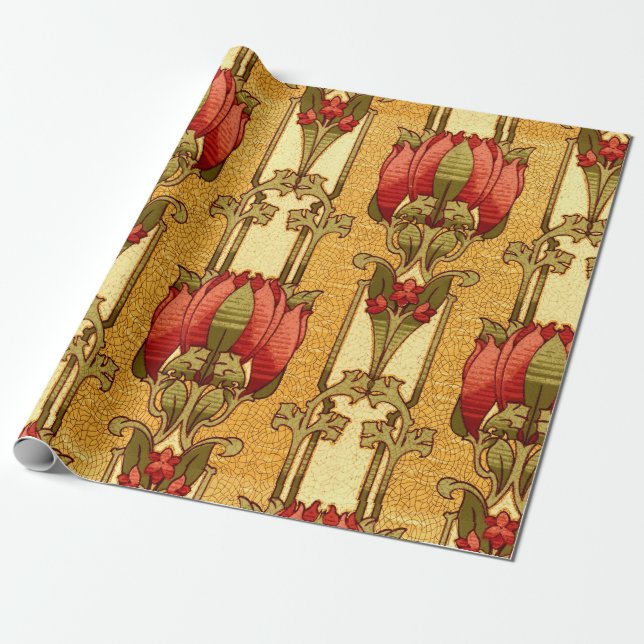 Arts & Crafts, Craftsman or Mission Style Flowers Wrapping Paper (Unrolled)