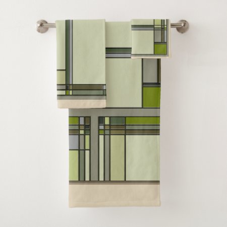 Arts & Crafts Geometric Patterns In Muted Greens Bath Towel Set