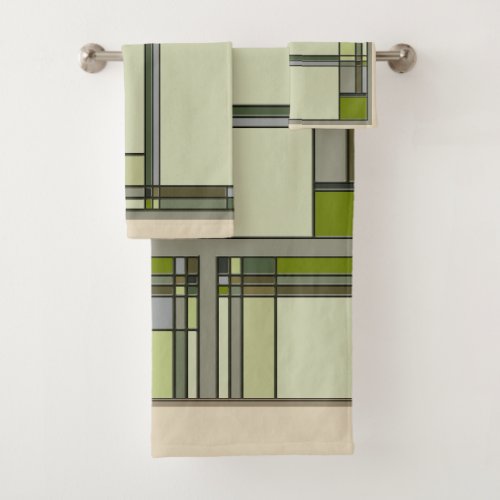 Arts  Crafts Geometric Patterns in Muted Greens Bath Towel Set